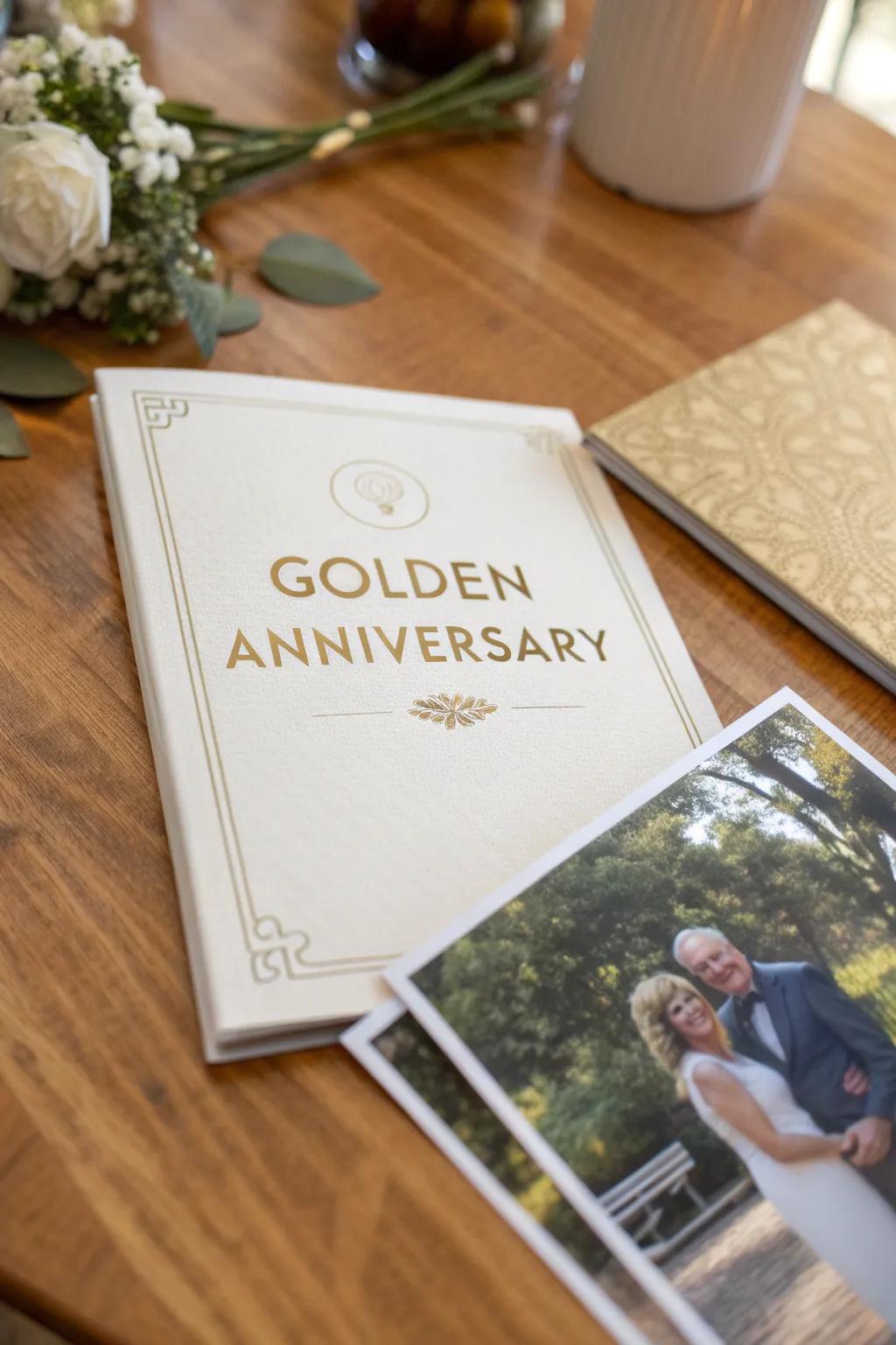 A sophisticated invitation design for a 50th anniversary, featuring gold accents.