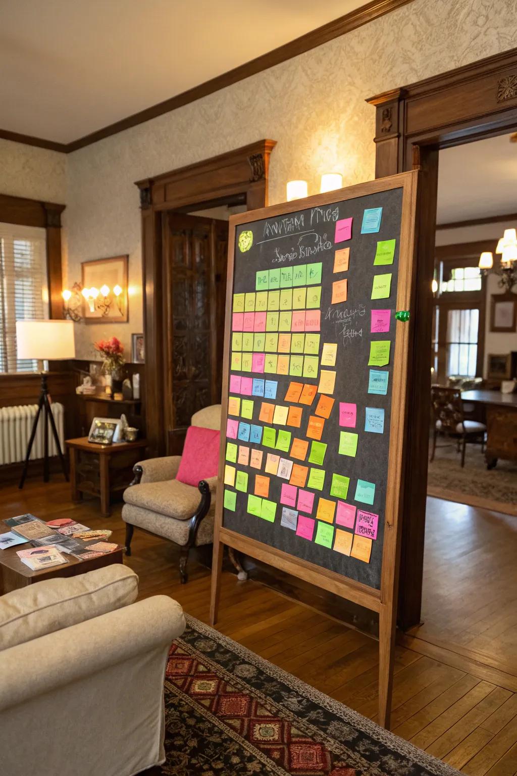 A bulletin board with neon sticky notes and fluorescent markers.