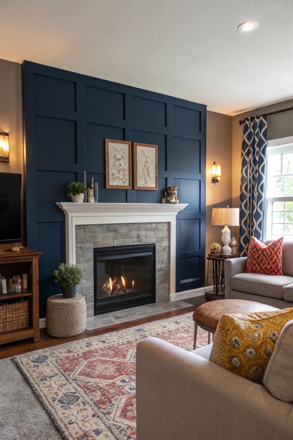 A striking navy accent wall draws attention to the modern fireplace.