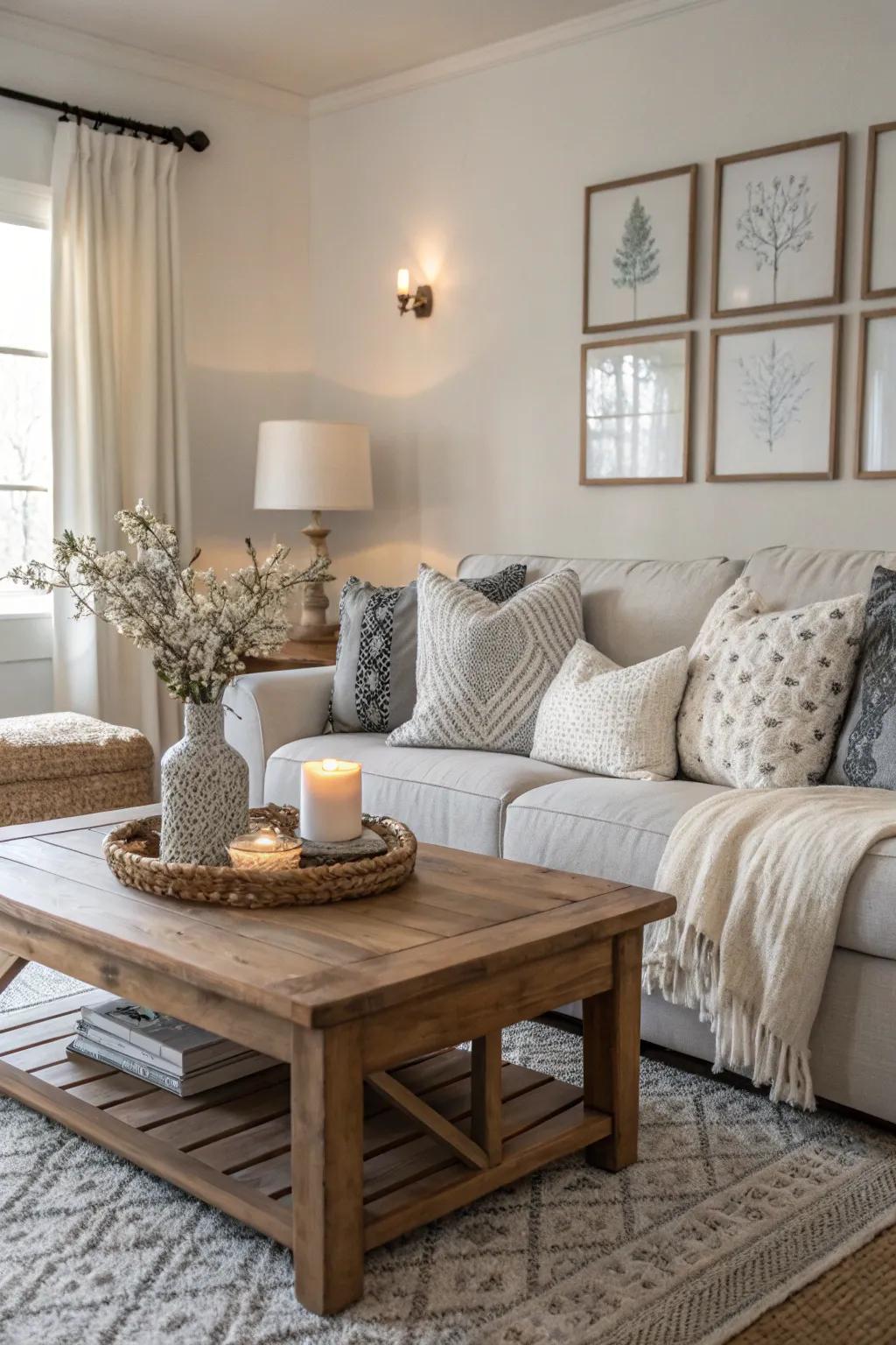 An uncluttered family room highlighting a neutral color theme