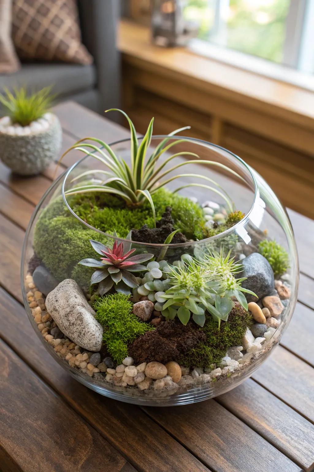 A glass terrarium filled with air plants and natural elements.