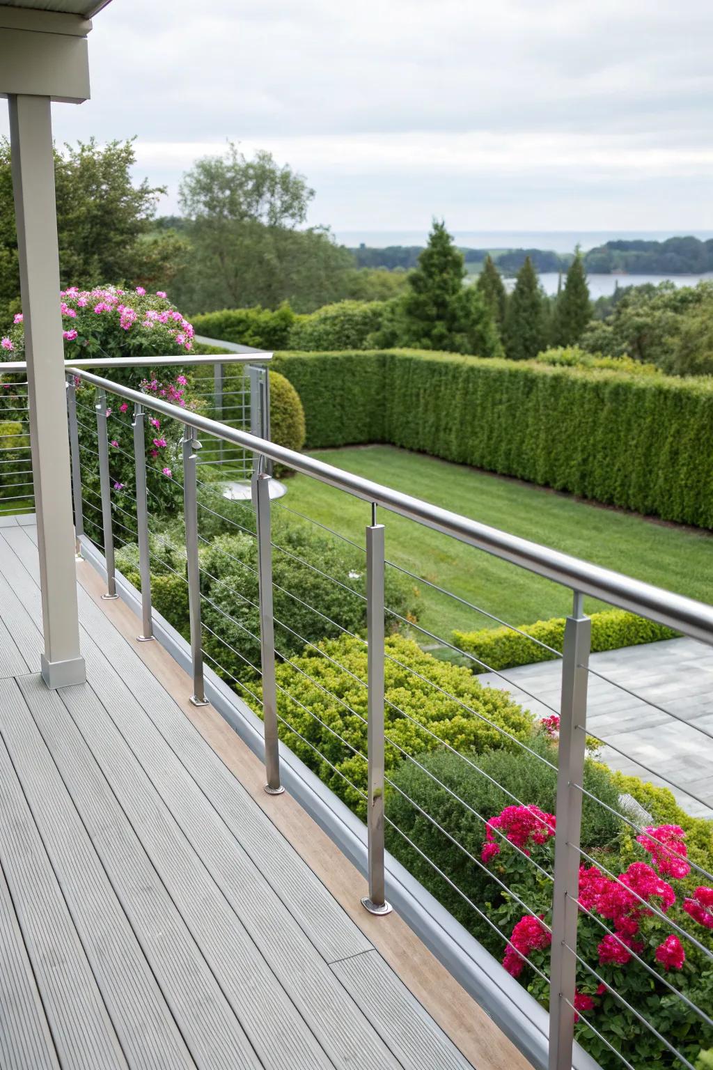 Minimalist aluminum railings providing a sleek touch to a garden view.