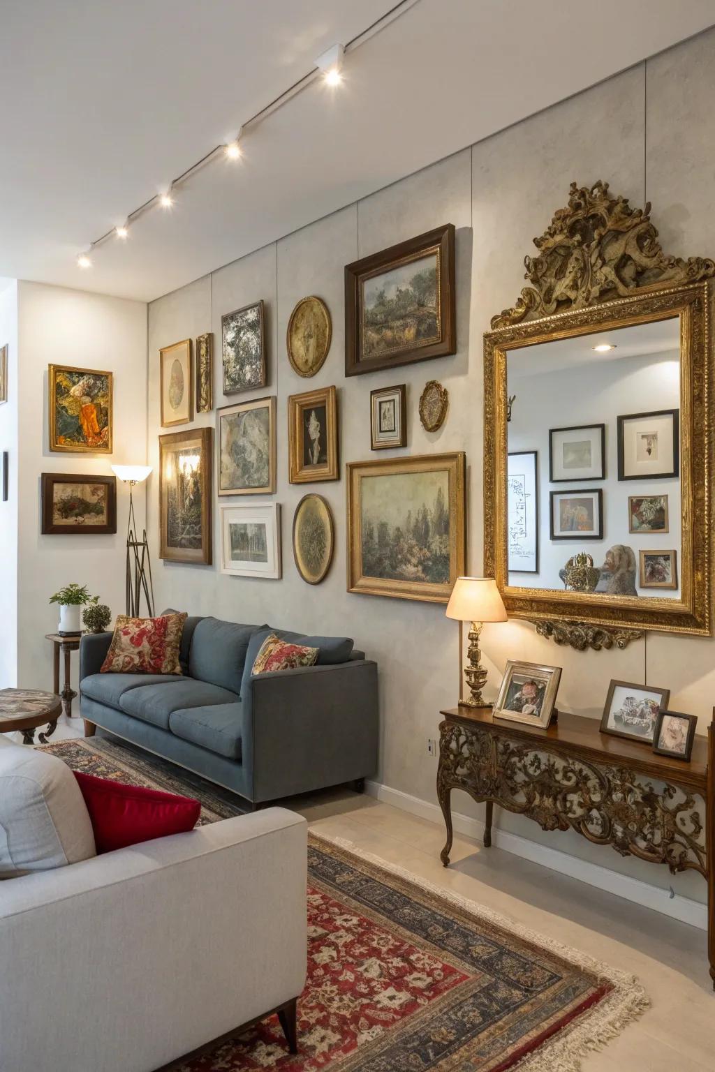 A stunning picture showcase featuring vintage artwork and mirrors.