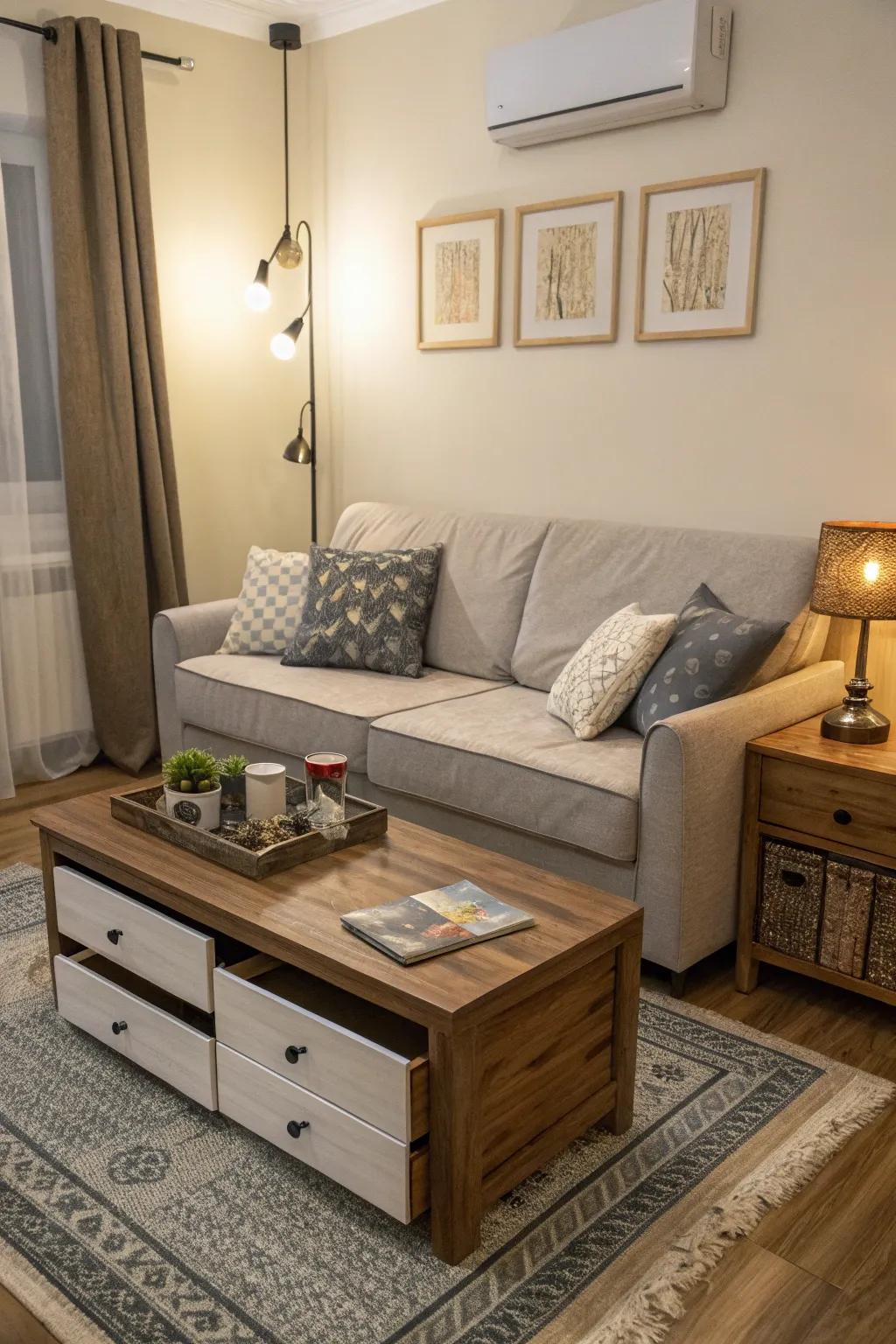 A chic small living room showcasing multifunctional furniture like a sofa bed and storage coffee table.