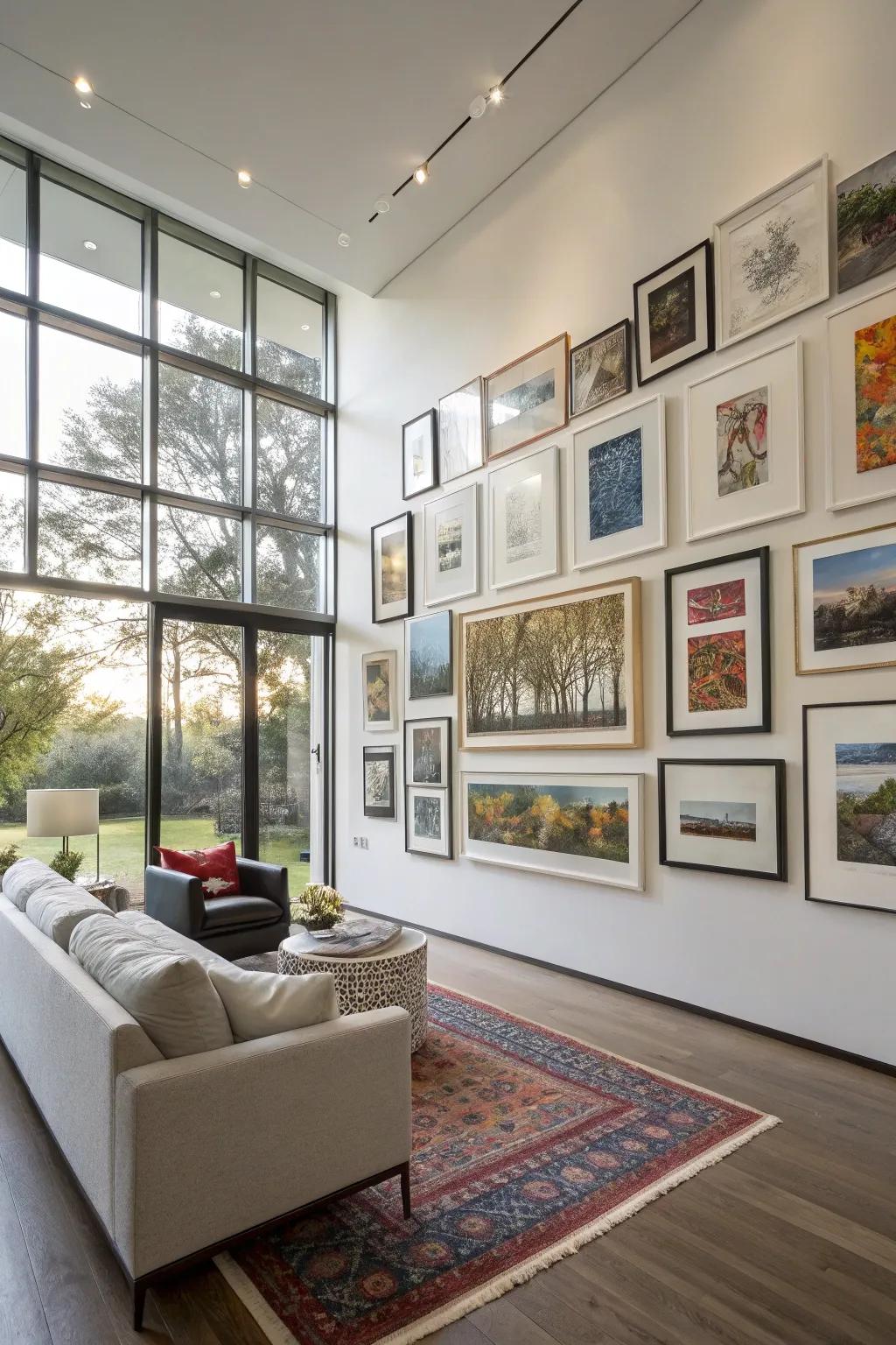 A chic gallery wall using a grid layout for a balanced art display.