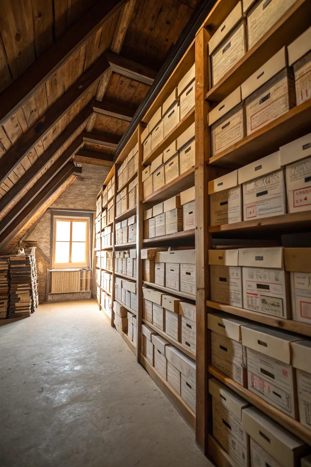 Tall shelving makes the most of vertical space in your attic.