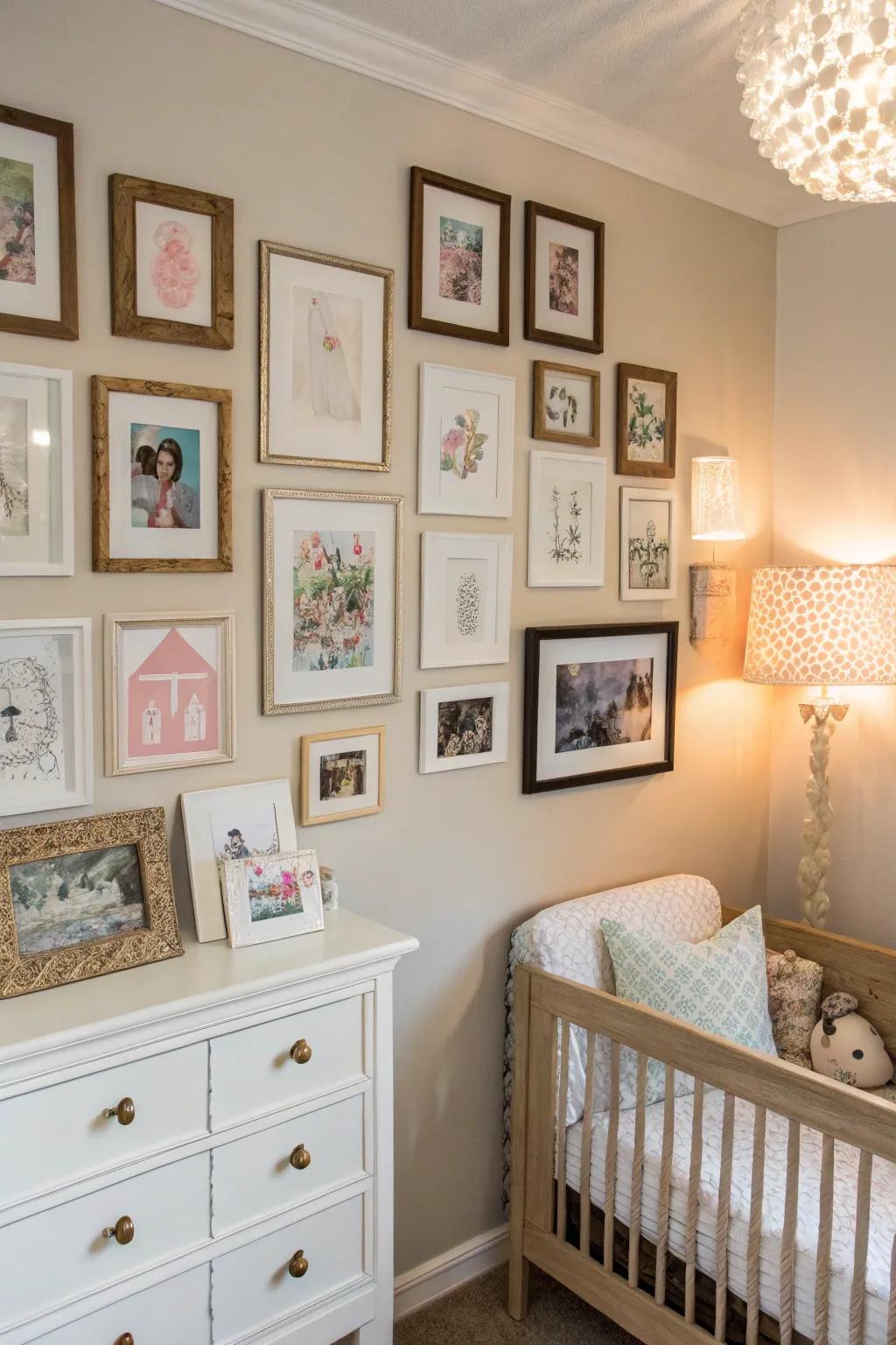 A gallery wall beautifully combines baby photos and art prints.