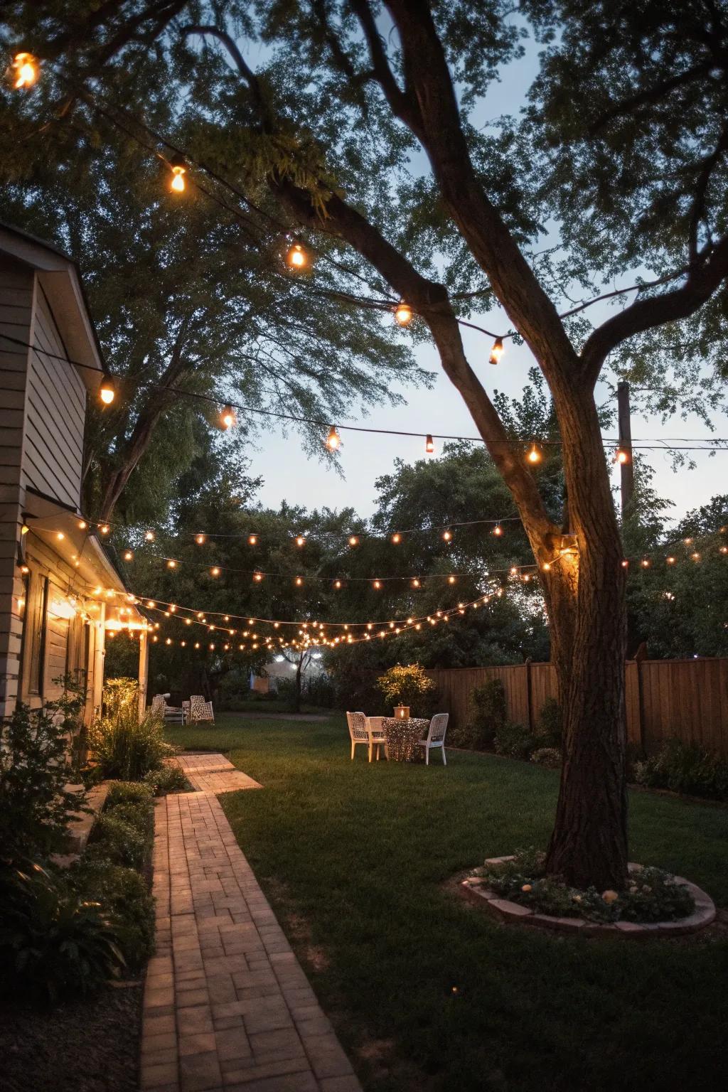 String lights add a magical glow to evening backyard parties.