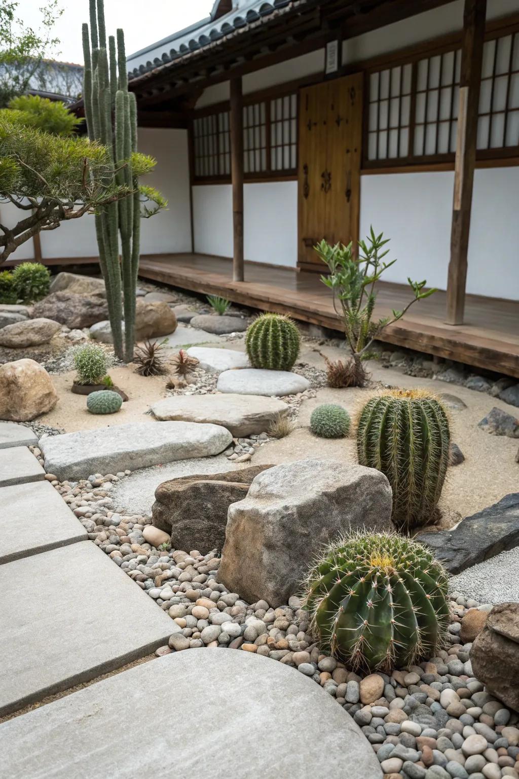 A calming zen cactus garden with harmony between pots, rocks, and cacti.