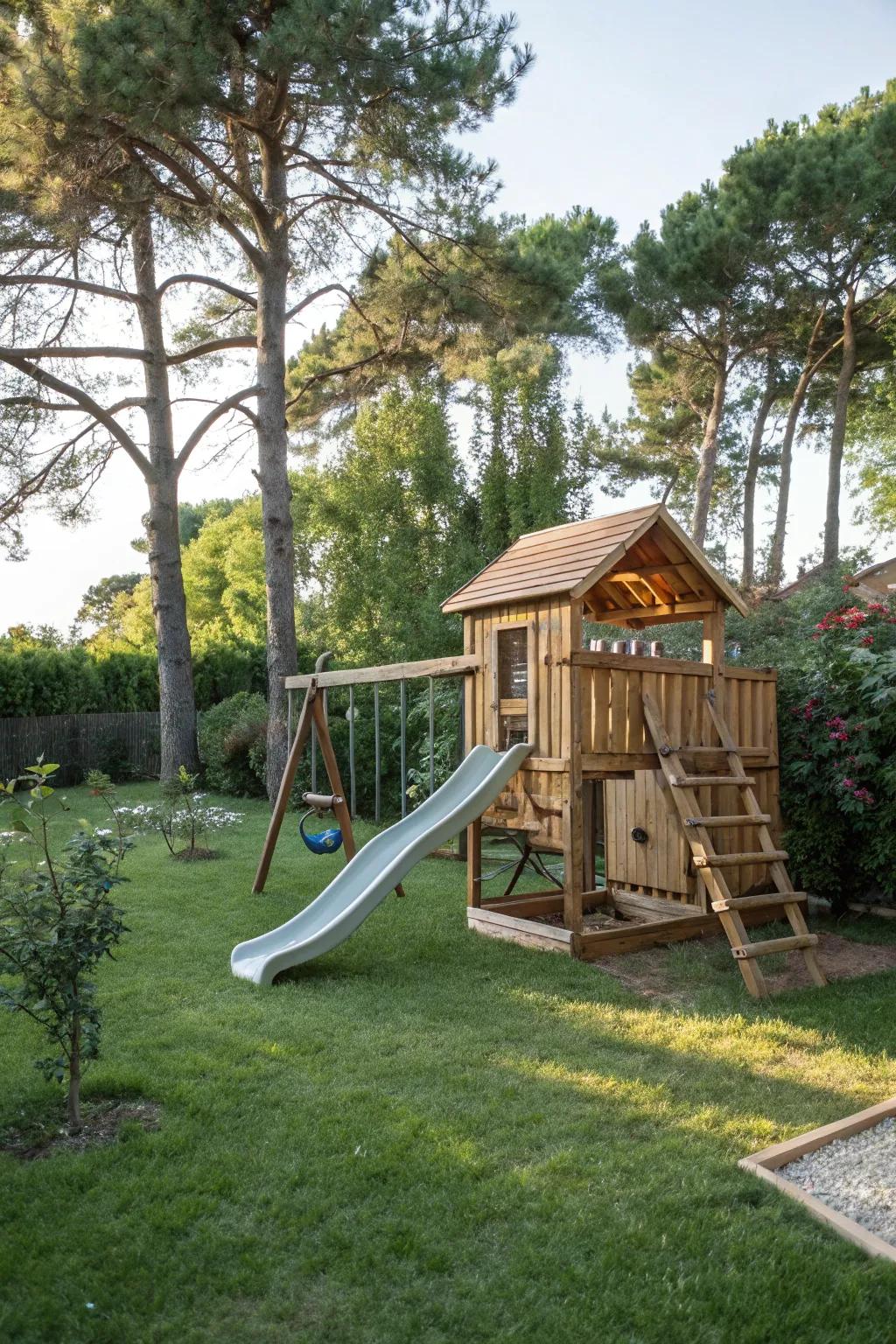 A wooden playset equipped with a slide for endless fun