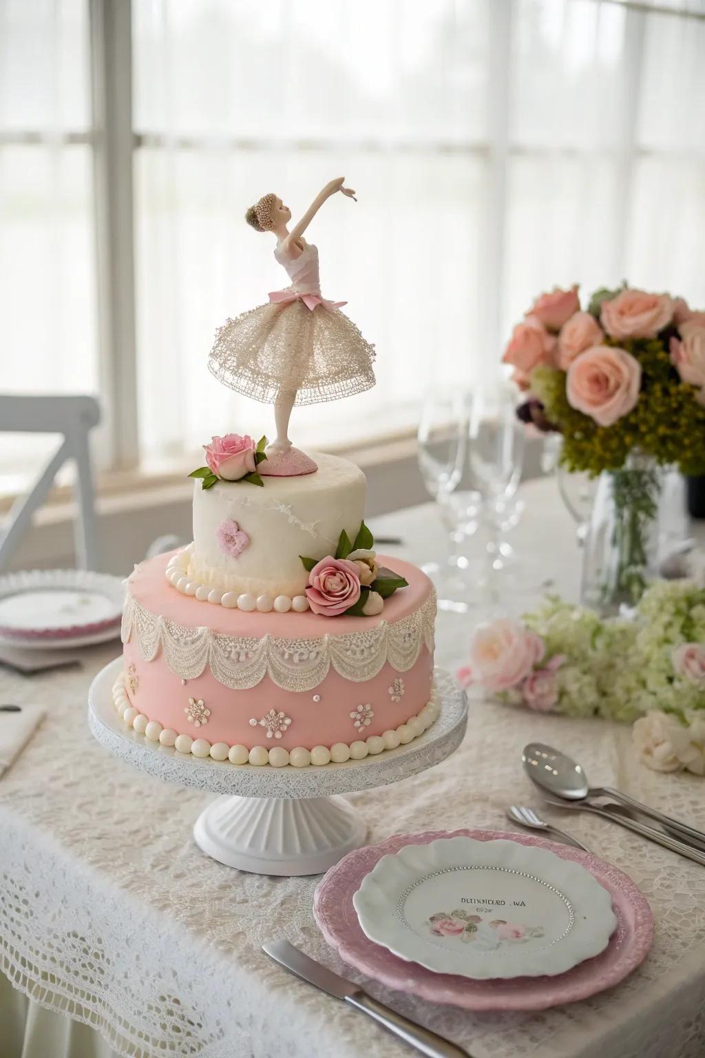 A cake with a graceful ballerina figurine, perfect for dance lovers.