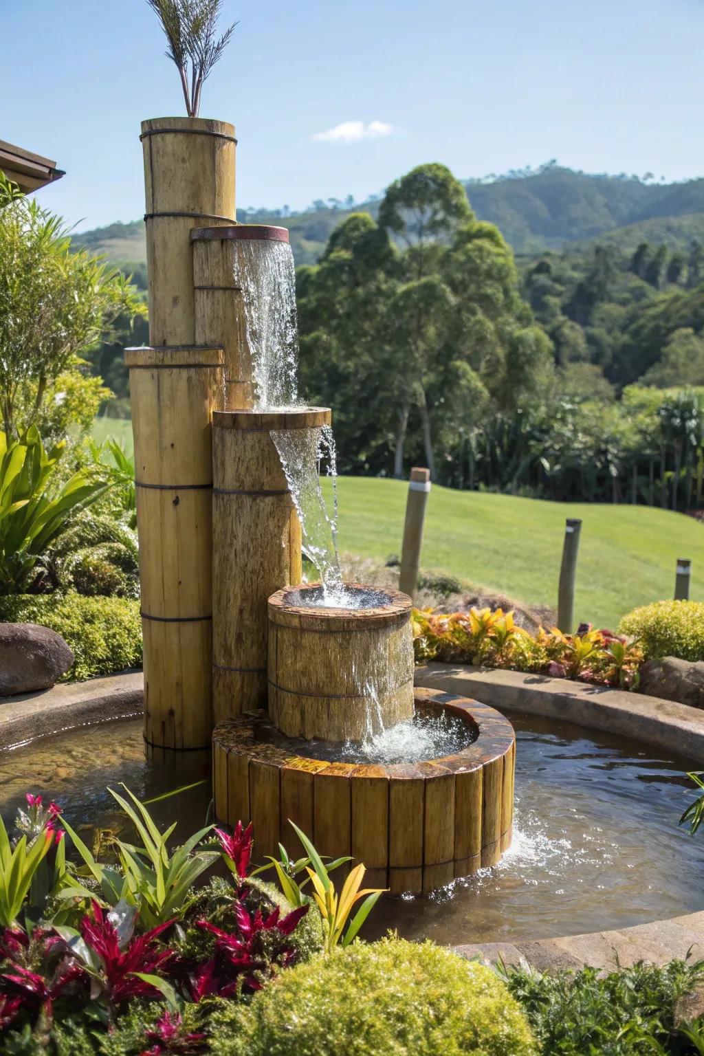 A multi-tiered bamboo fountain with cascading water, nestled in a garden.