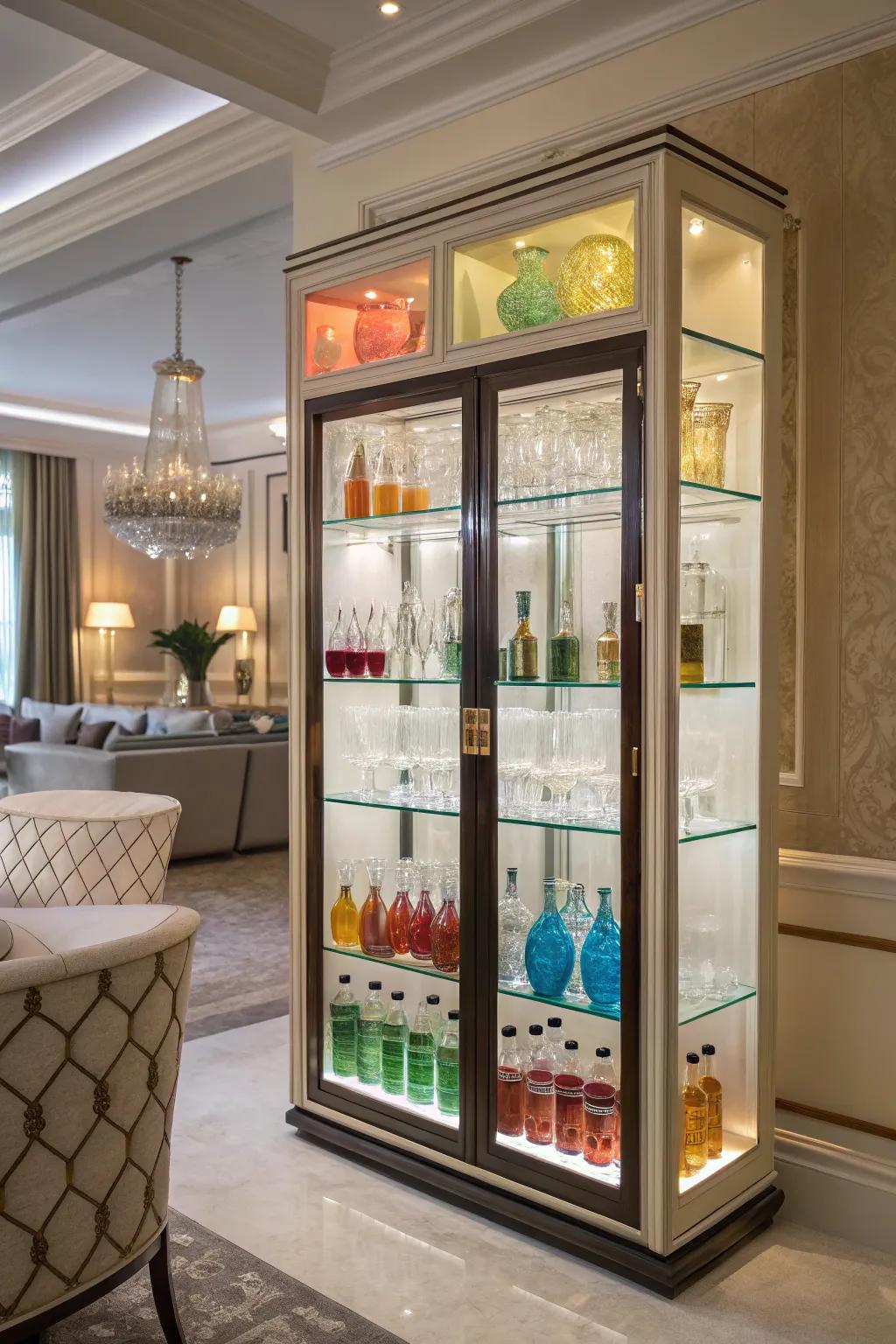 A beautiful display of glassware in an elegant bar cabinet.