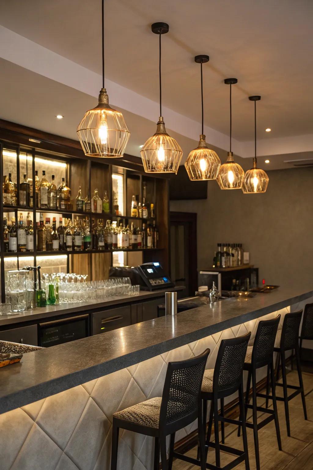 Pendant lights above the bar add a cozy and stylish touch.