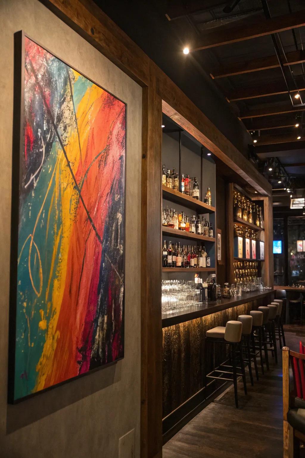 Abstract art introduces a dash of modern creativity to any bar.