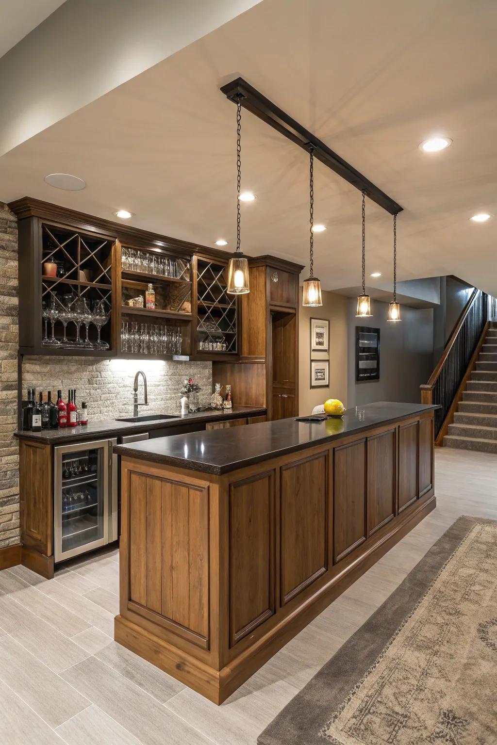 A contemporary basement bar combining wood and metal for a chic look.