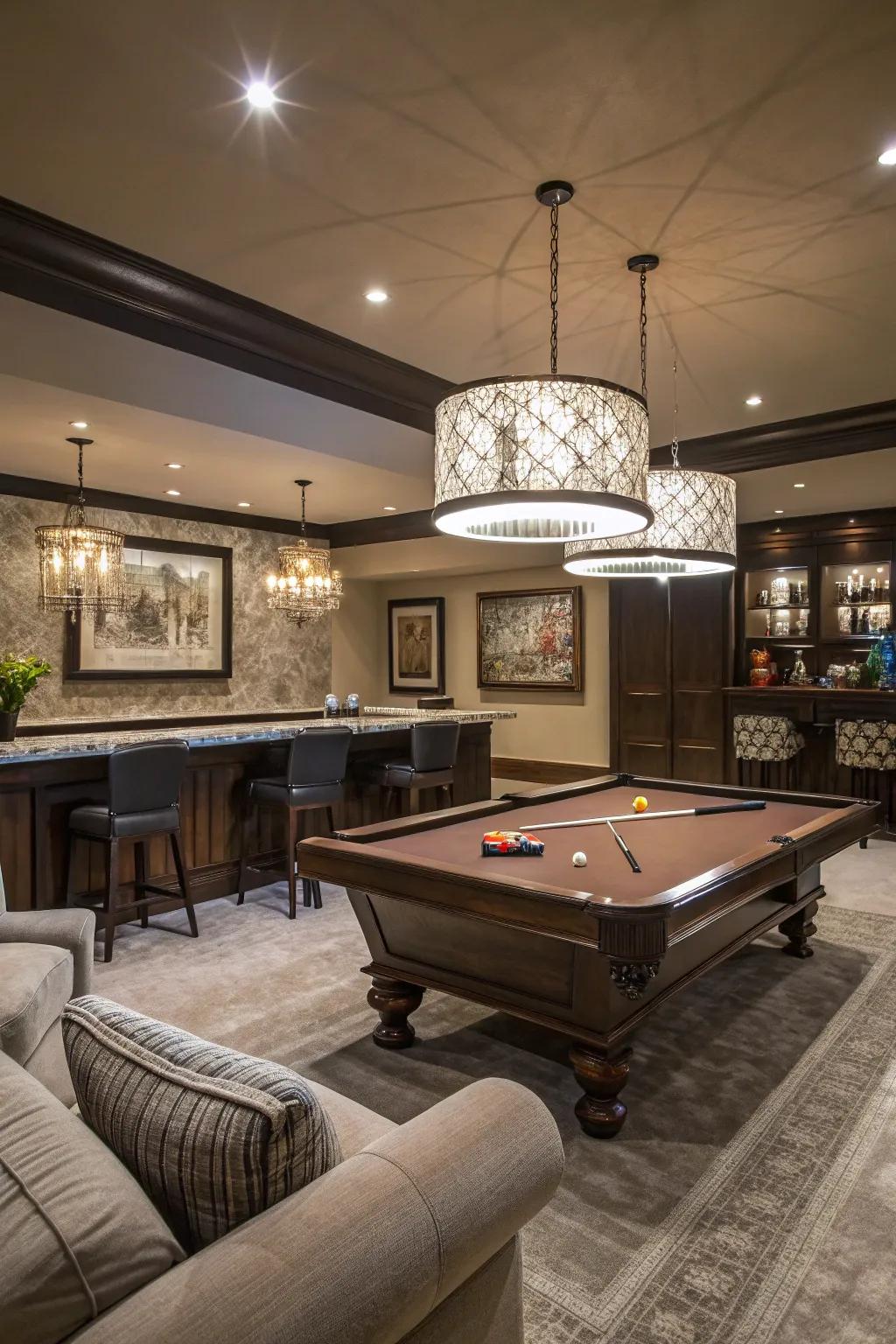 A pool table serves as the perfect centerpiece for any game room.