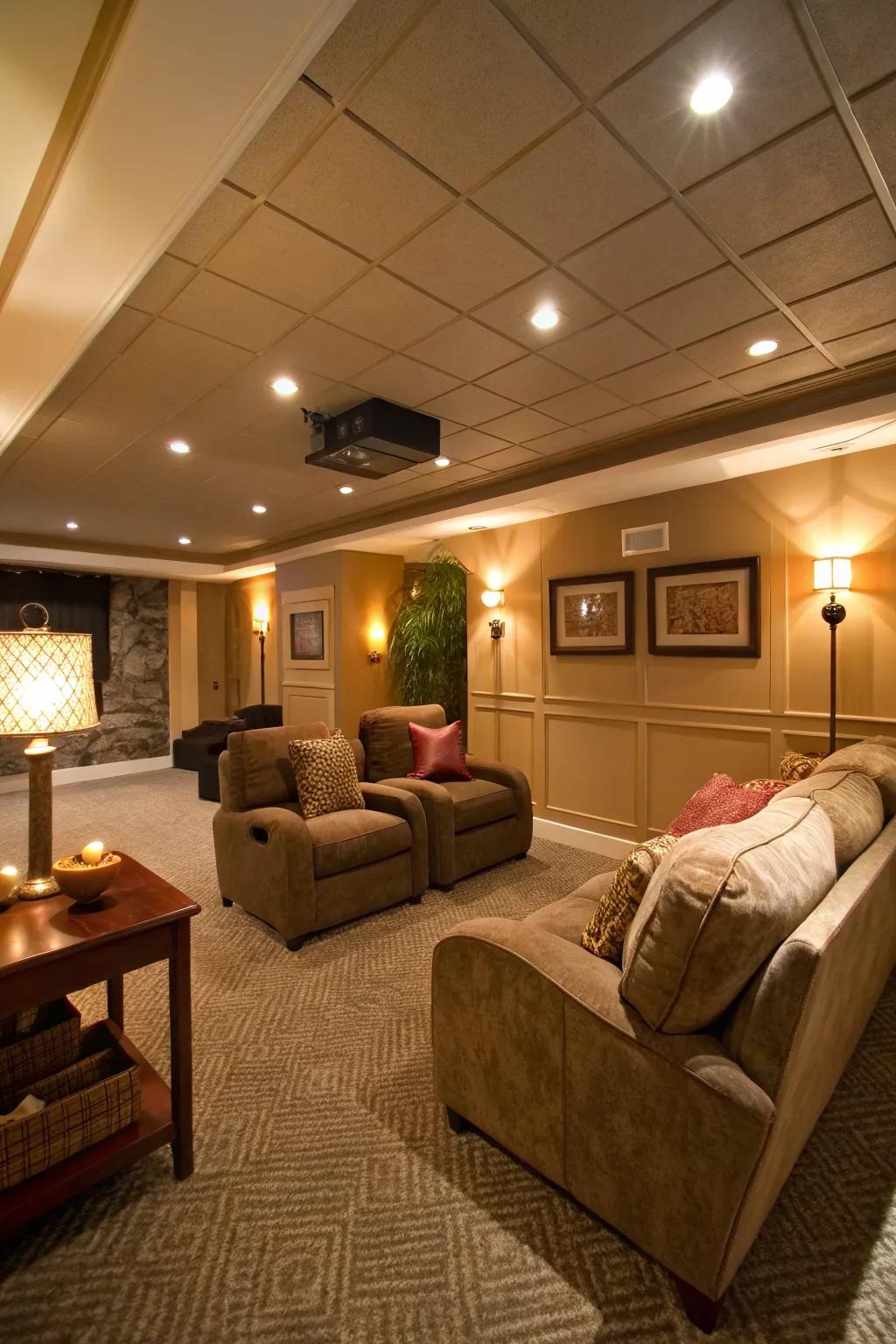 Ambient lighting envelops your basement in a cozy glow.