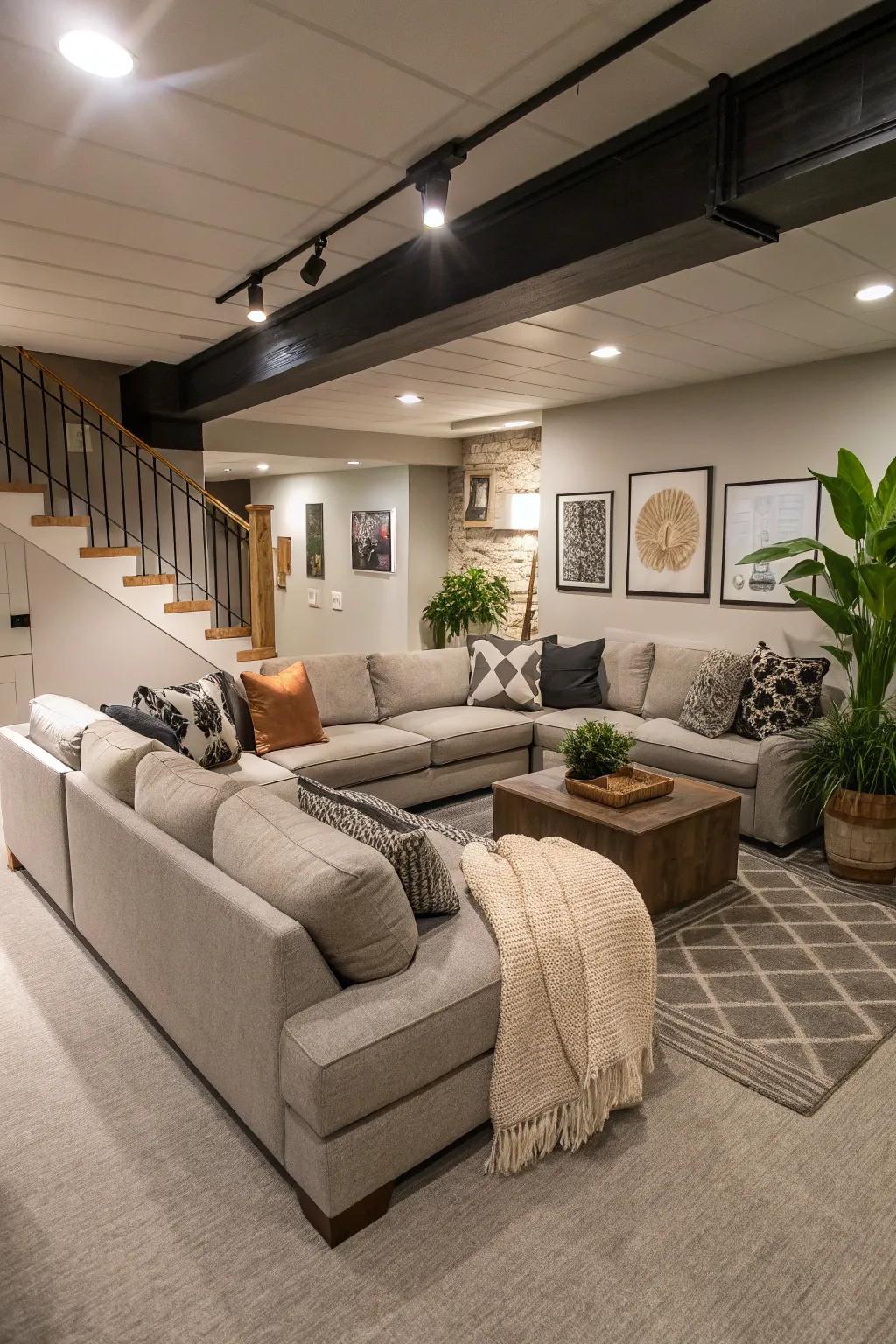 An open-concept basement that feels like a spacious lounge.