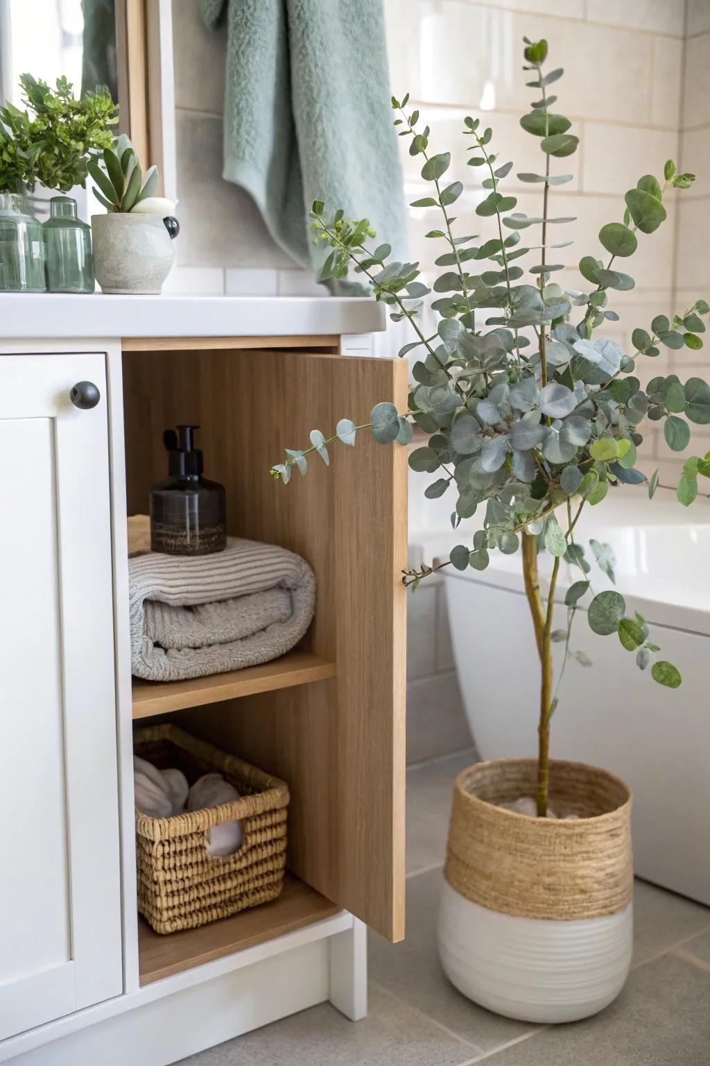 A touch of greenery brings life to your bathroom cabinet.