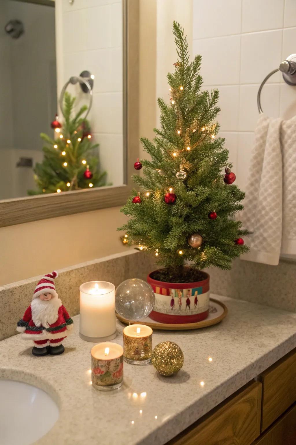 A delightful miniature Christmas tree adds festive cheer to this bathroom corner.