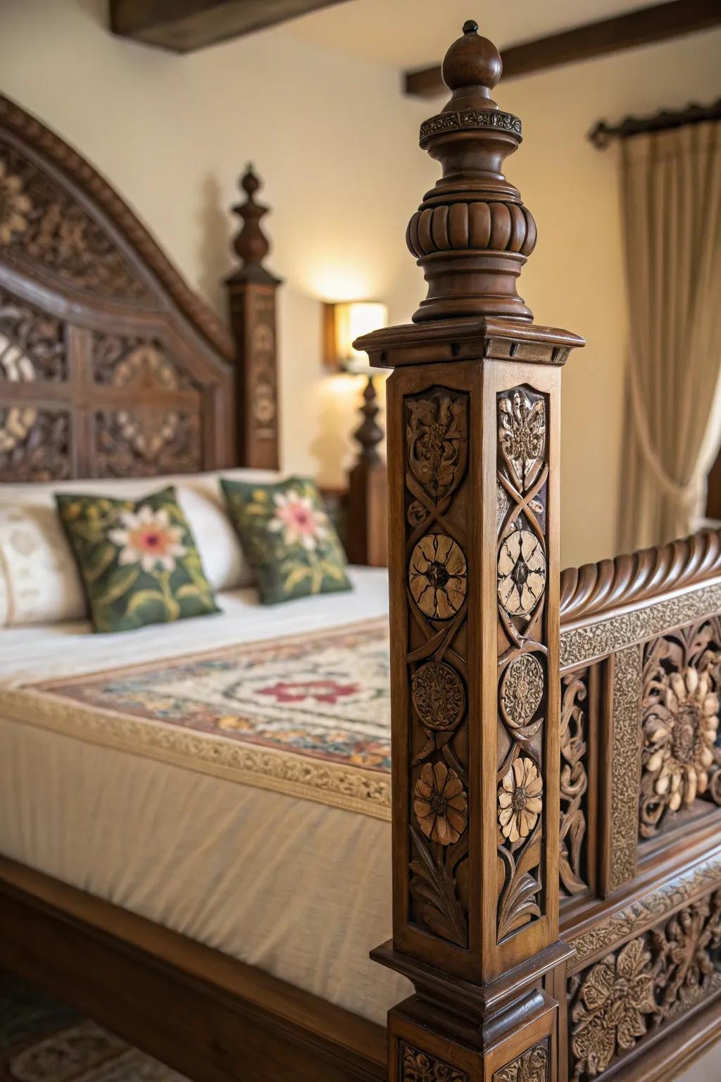 Ornamental bedposts add a layer of sophistication to any bedroom.