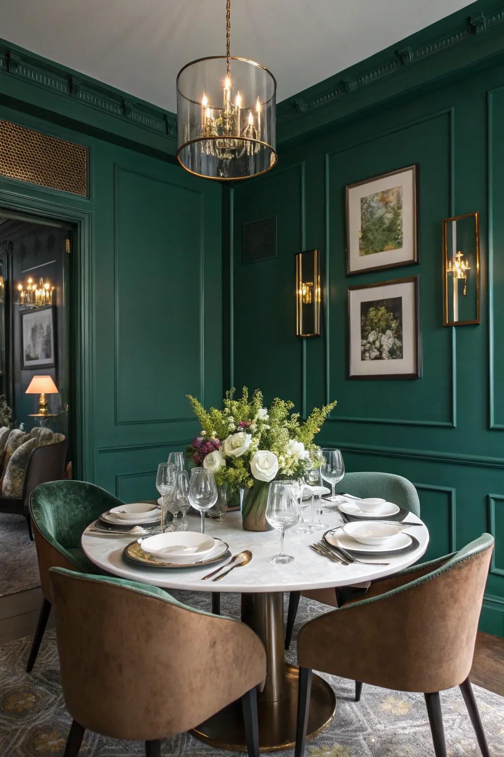 Jewel tones create a luxurious and inviting dining space.