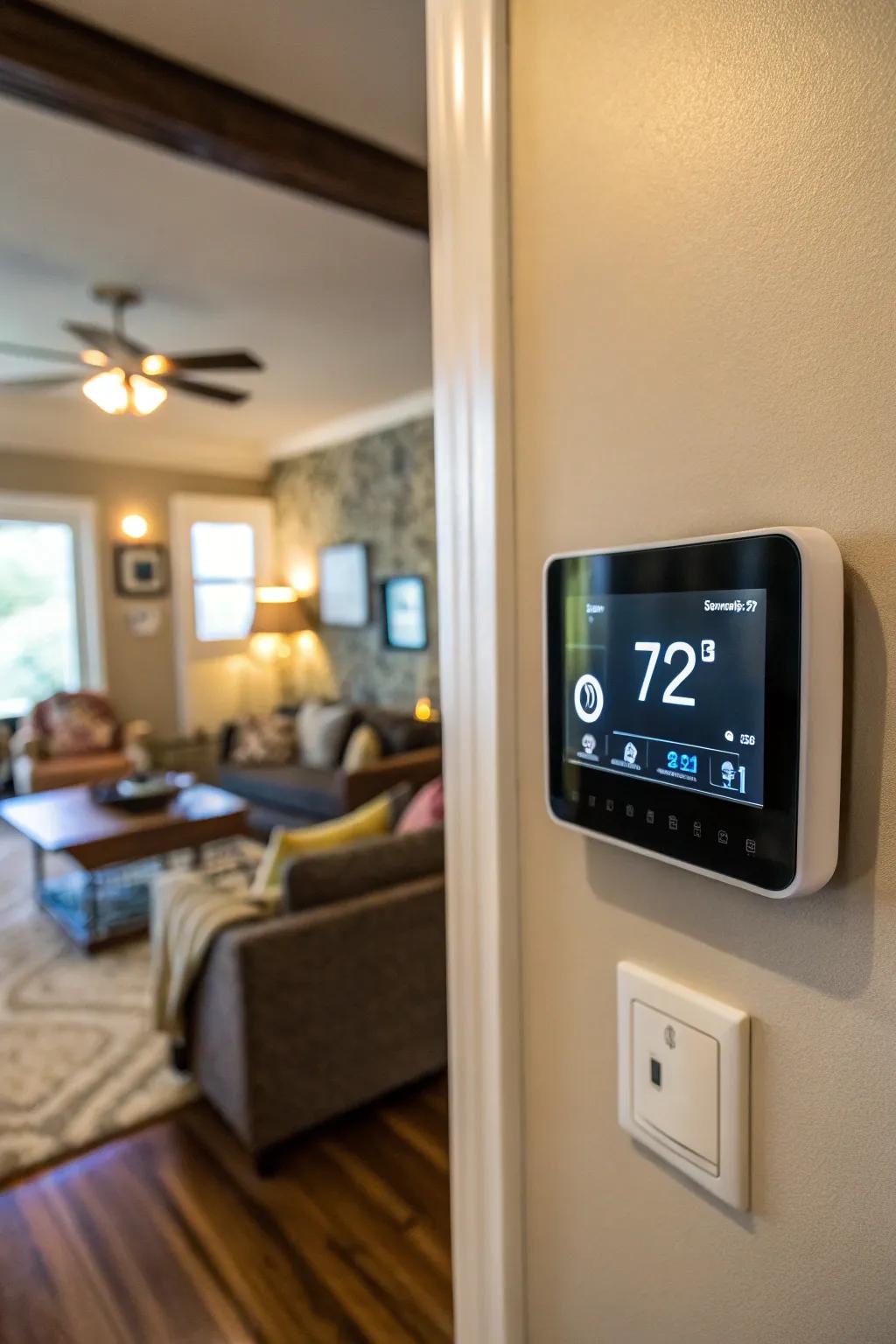 A smart thermostat elegantly mounted on a living room wall, optimizing home energy use.