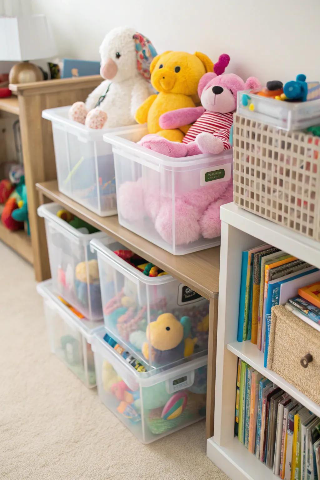 Clear bins keep stuffed animals visible and organized.