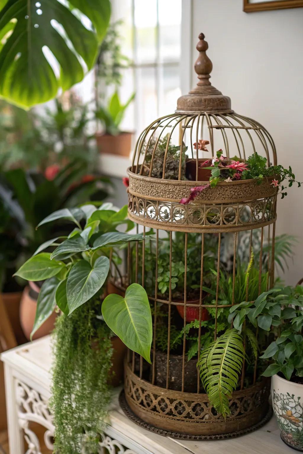 A vintage bird cage transformed into a lush indoor planter.