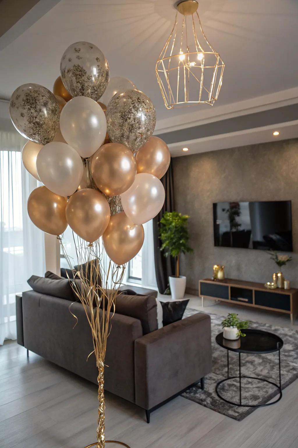 Elegant shimmering and matte balloon decorations add a dash of sophistication to a birthday celebration.