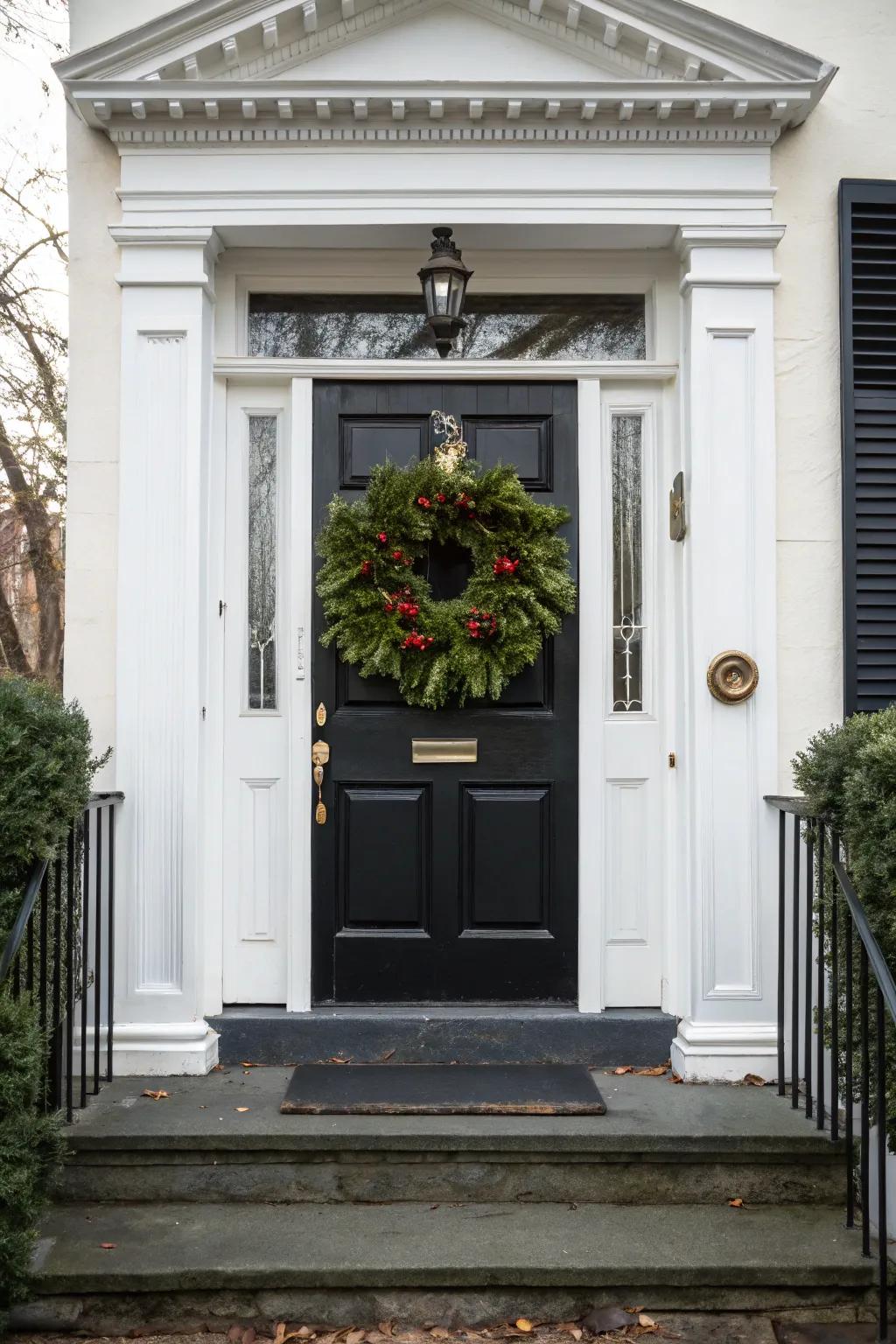 A classic black front door made inviting with a beautiful seasonal wreath.