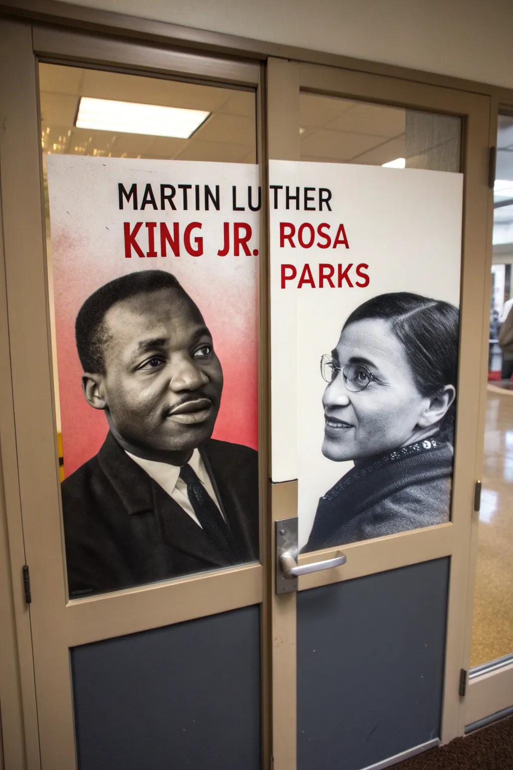 A door honoring Martin Luther King Jr. and Rosa Parks with powerful imagery and words.