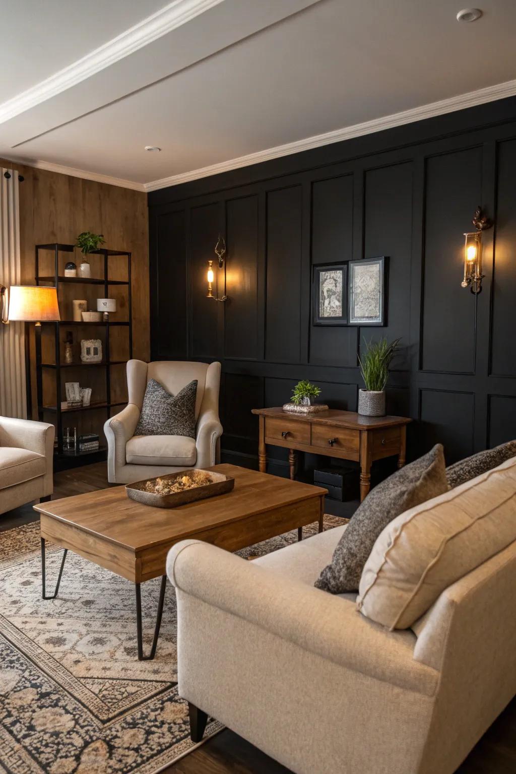 A cozy living room with a striking black accent wall.