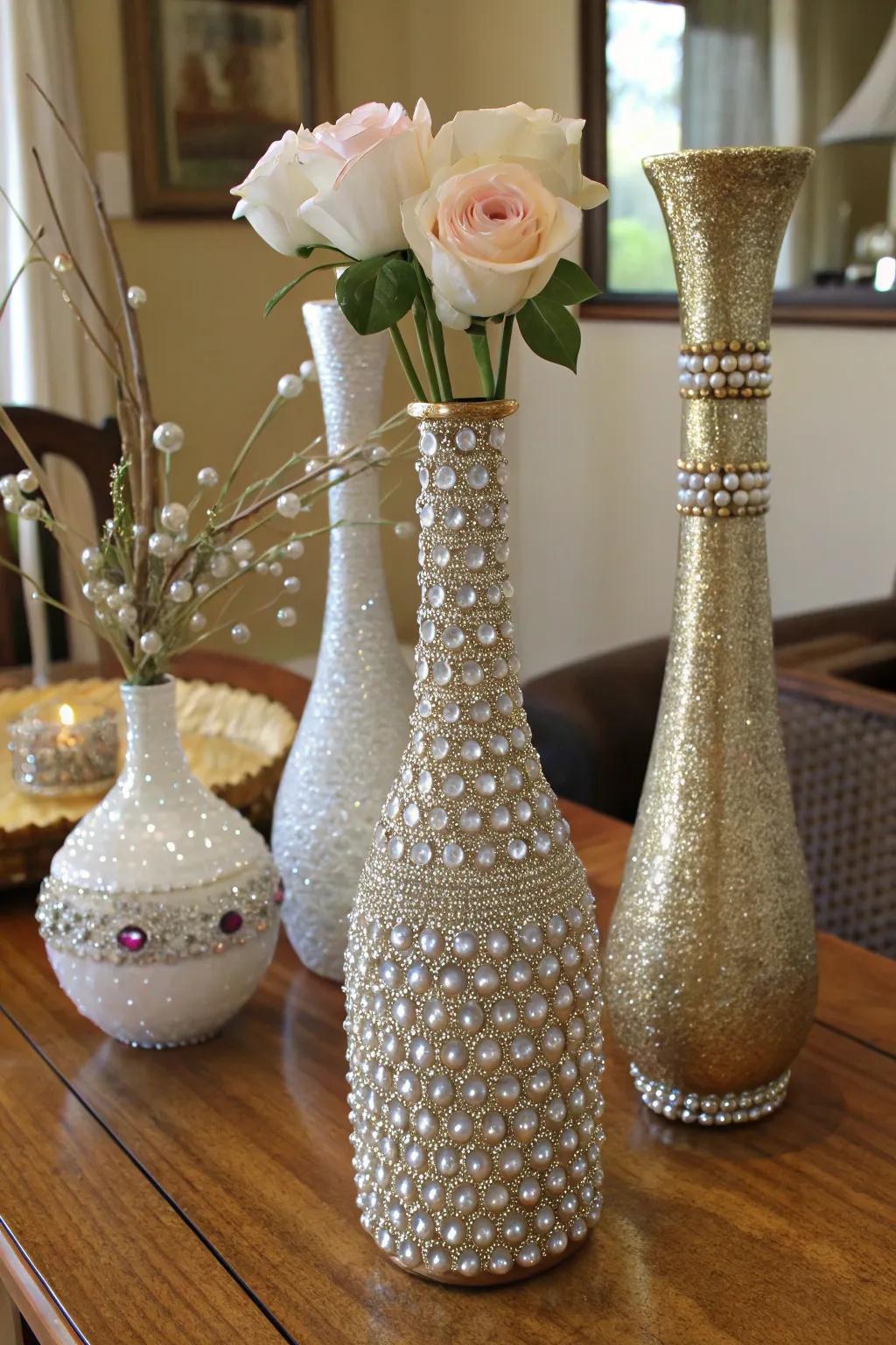 Vases enhanced with artificial diamonds for an opulent appearance.