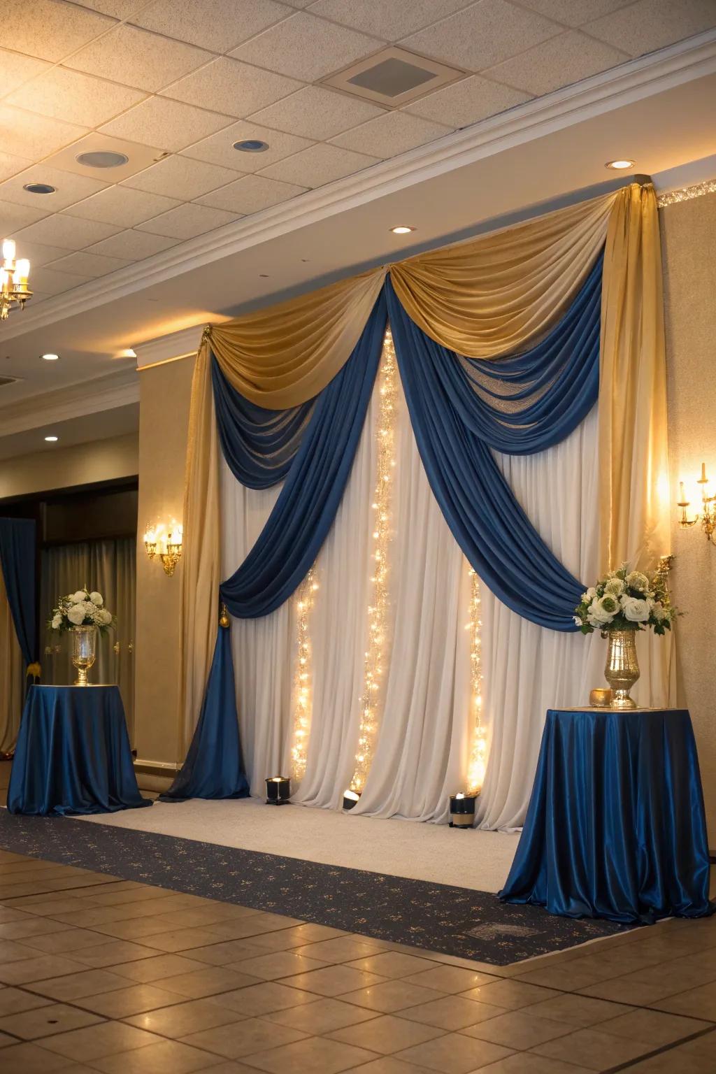 Revamp your space with luxurious blue and gold material hangings.