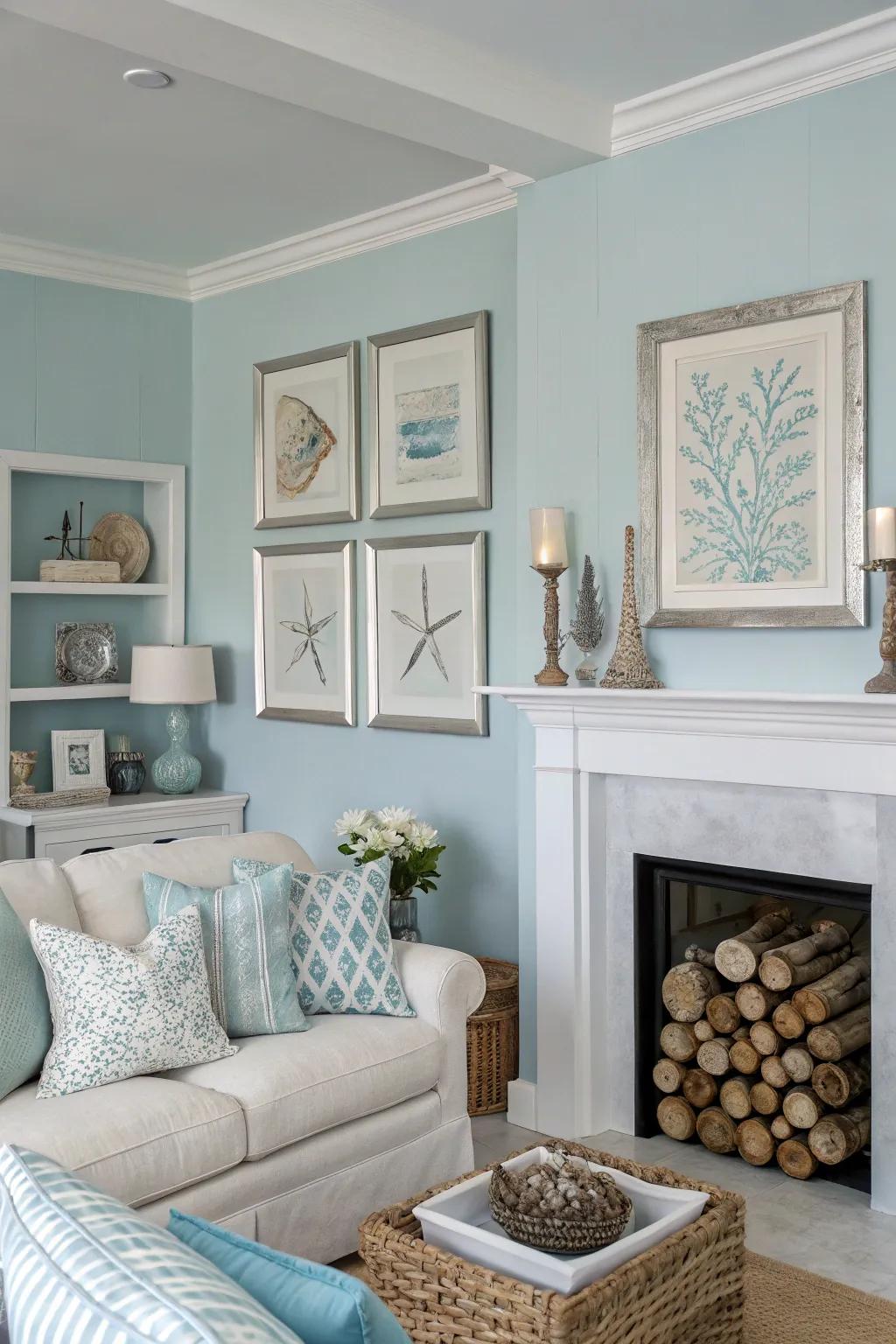 A peaceful coastal-themed living room features light blue walls and silver touches.
