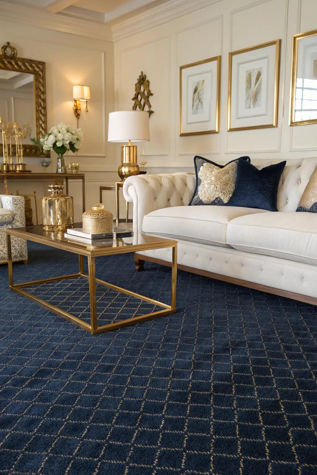 A navy blue carpet provides a bold foundation in this elegant living room.