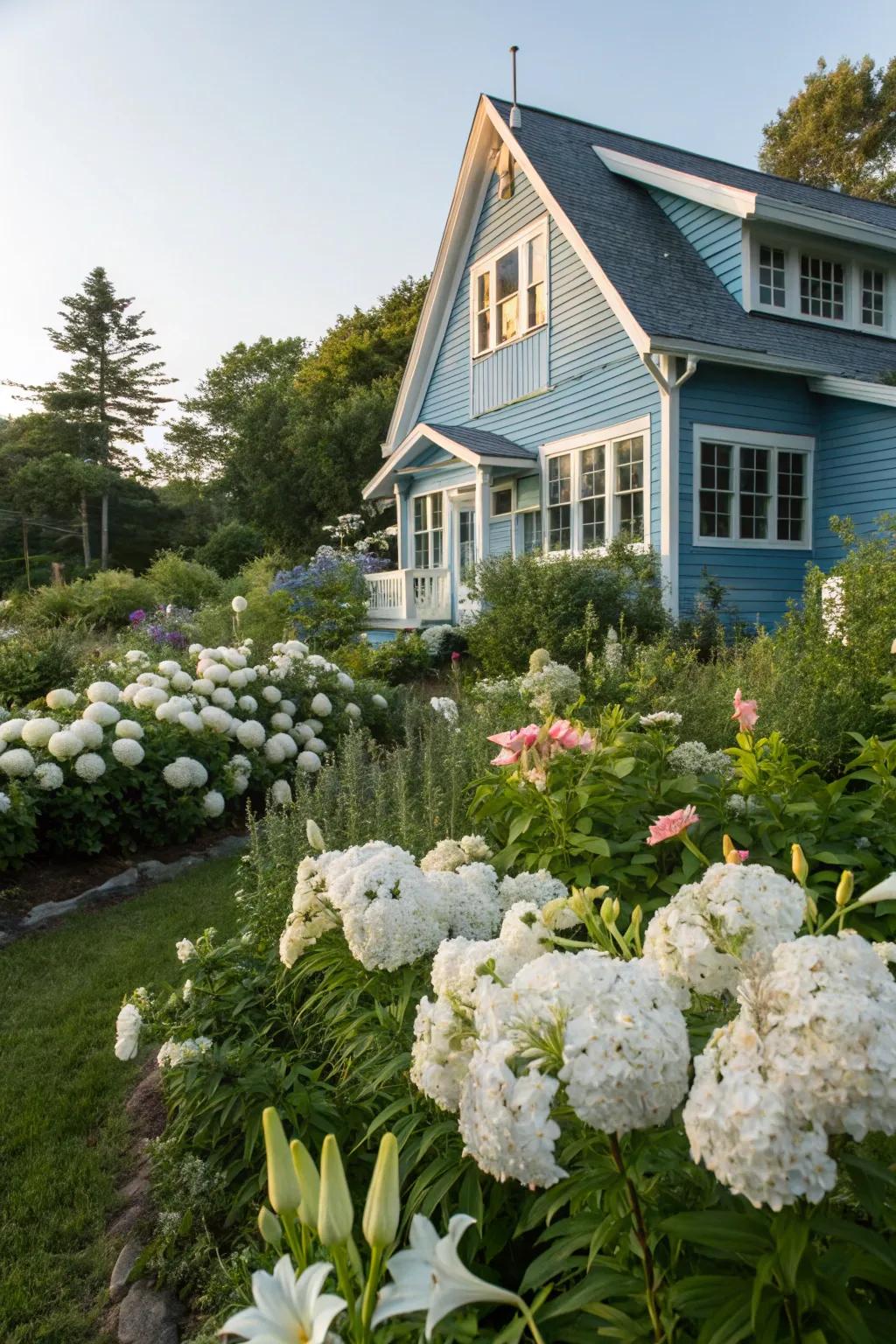 White flowers create a striking contrast against a blue house.