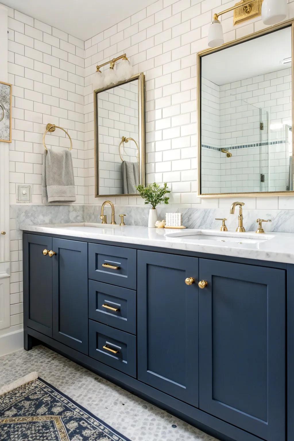 Navy blue and gold create a timeless elegance in this sophisticated bathroom.