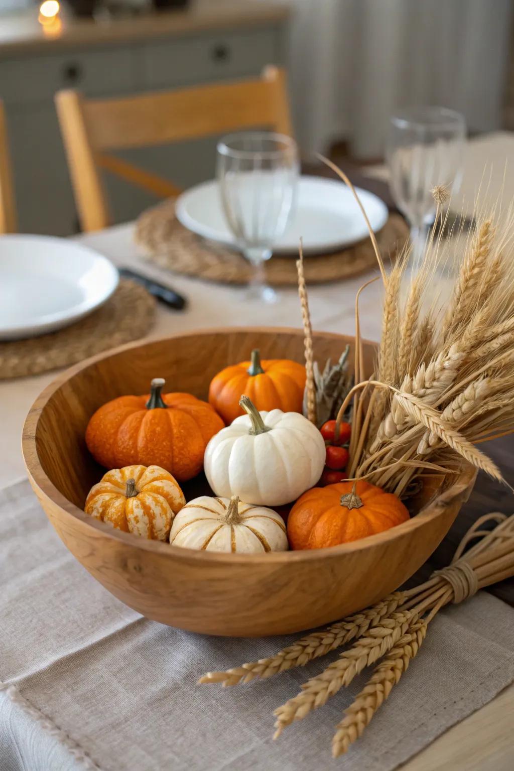 A fall-inspired pumpkin arrangement in a dough bowl