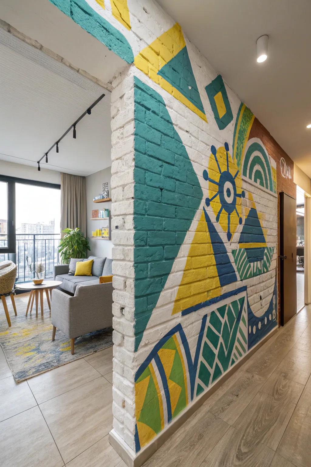 Colorful abstract mural energizes a modern brick wall.