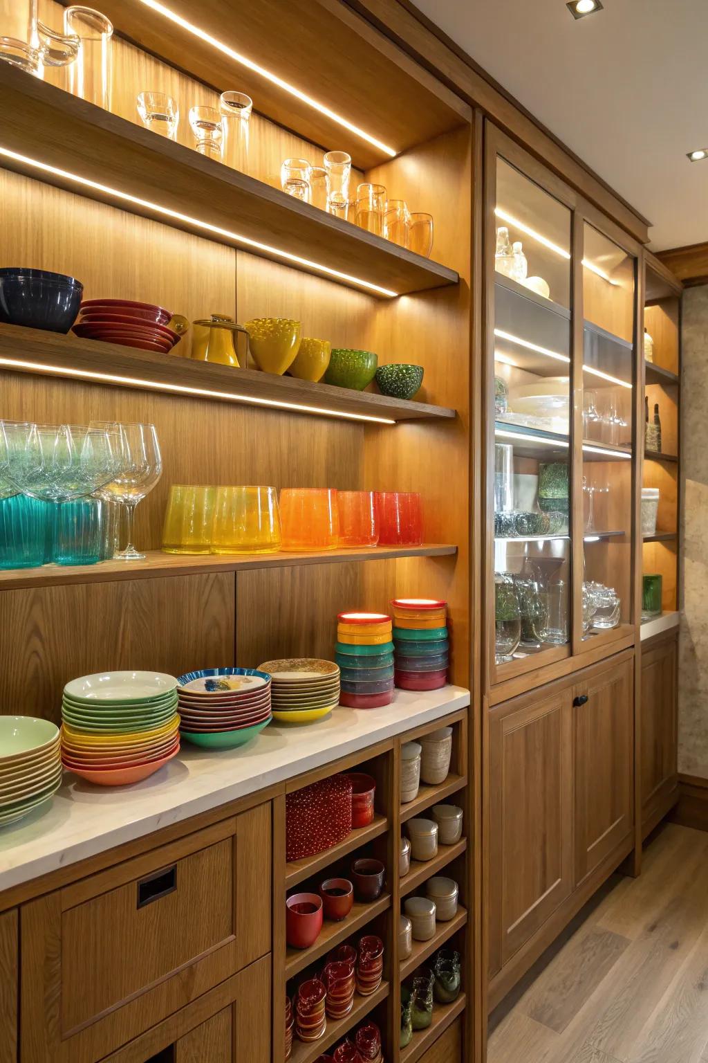 Open shelves add charm and functionality to this pantry.