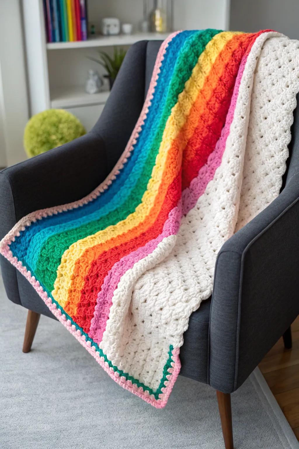 A rainbow border brings this C2C blanket to life.