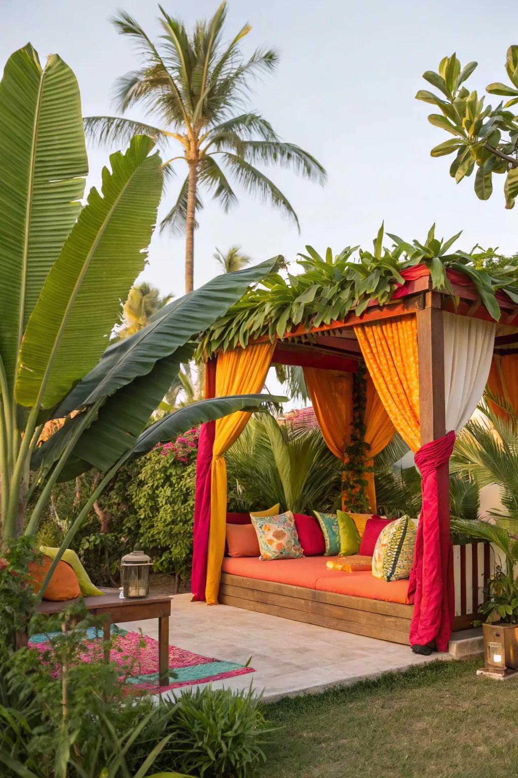 A tropical-themed cabana boasting lively hues and rich greenery.