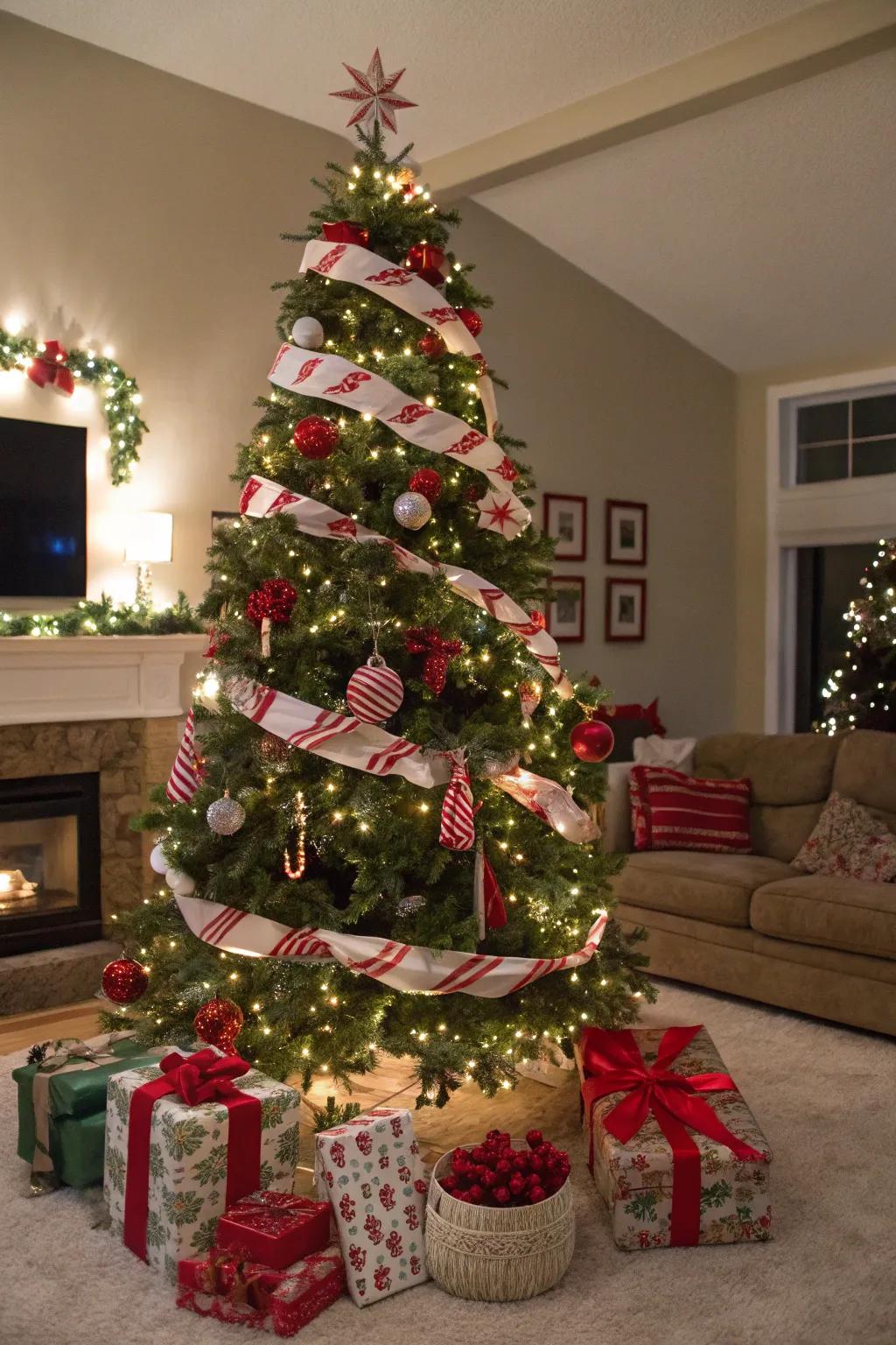 A Christmas tree styled in traditional candy cane hues.