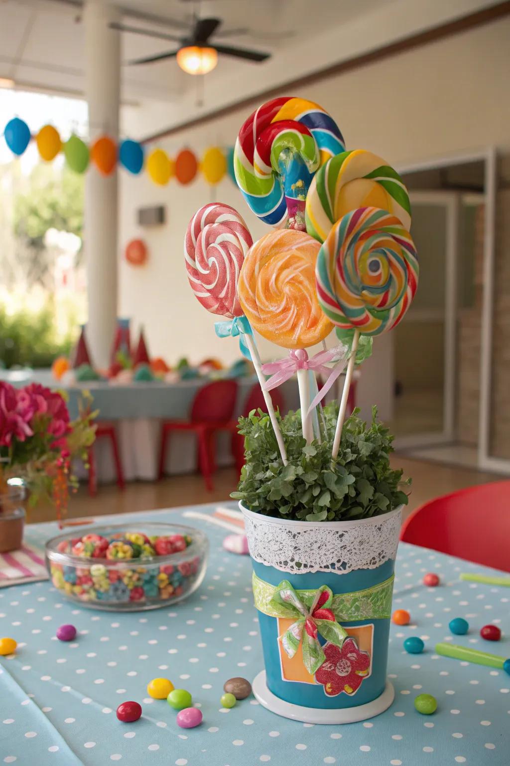 Giant lollipops in a decorative pot make for a striking centerpiece.