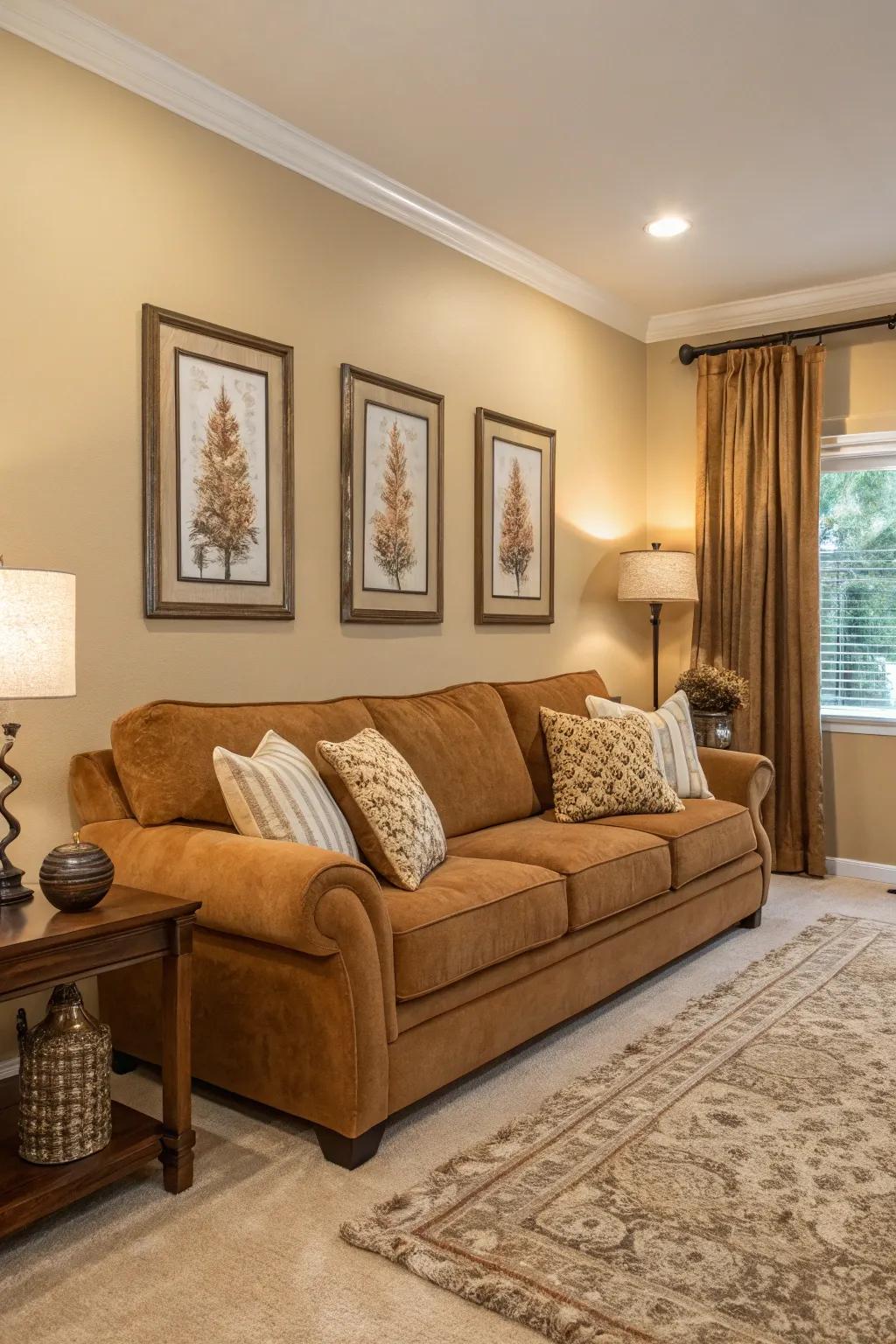 Earthy tones complement the warmth of a caramel couch.