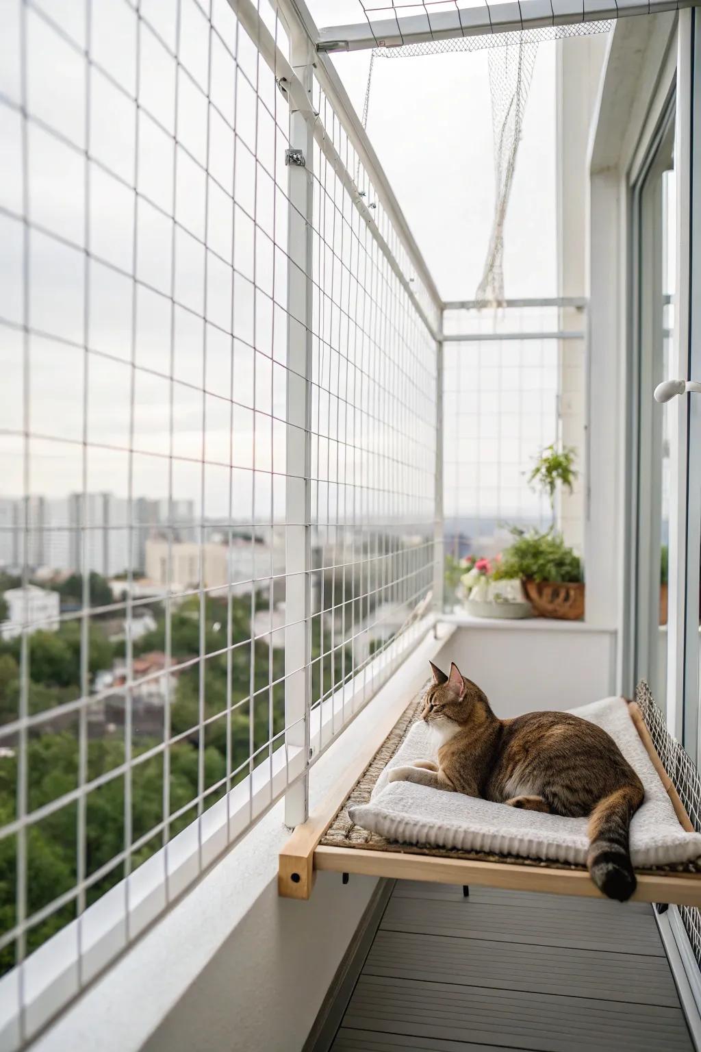 A sleek wire enclosure provides safety and style for your balcony catio.