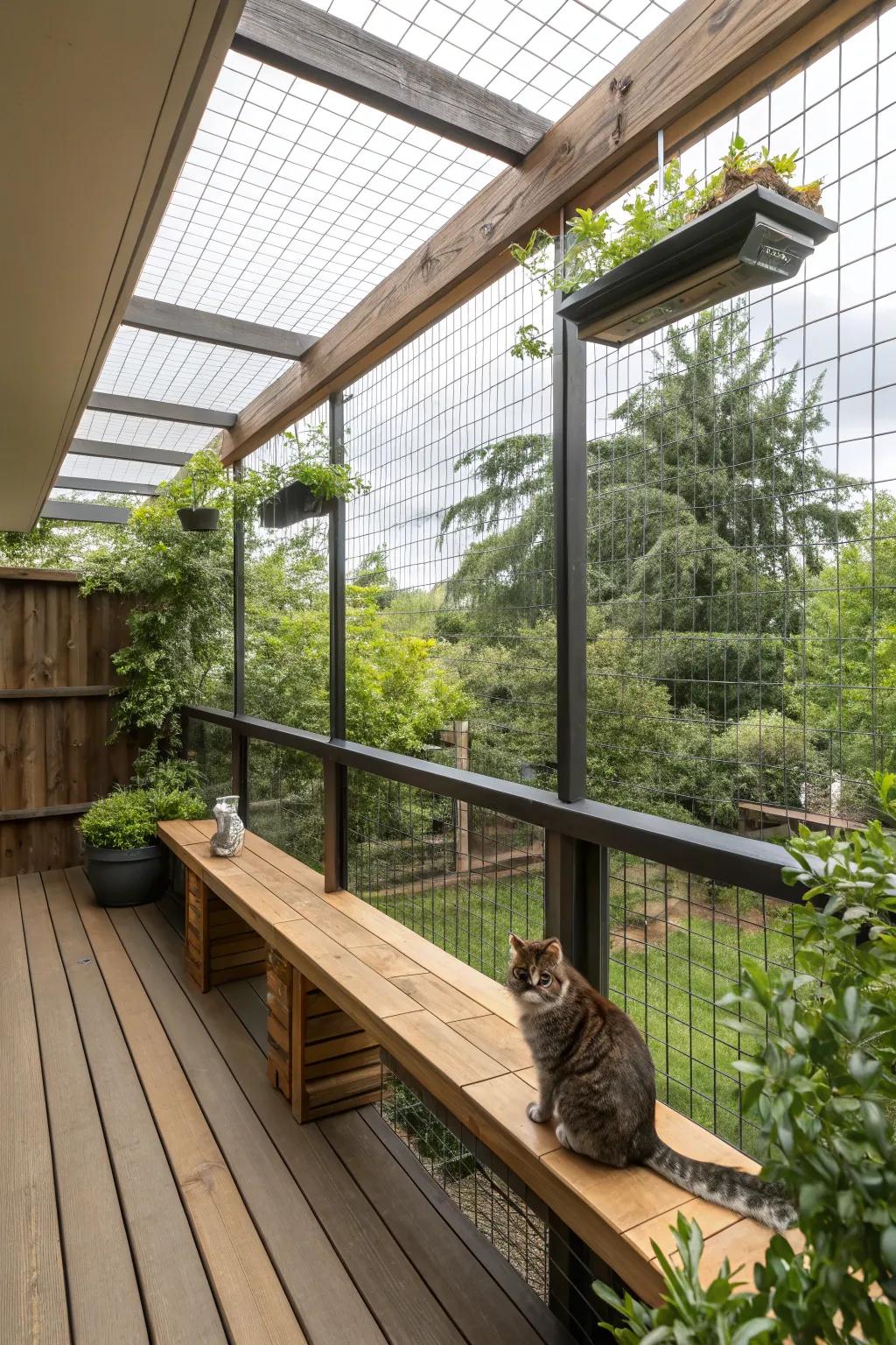 An elevated catio offering a picturesque view, perfect for both feline and human relaxation.